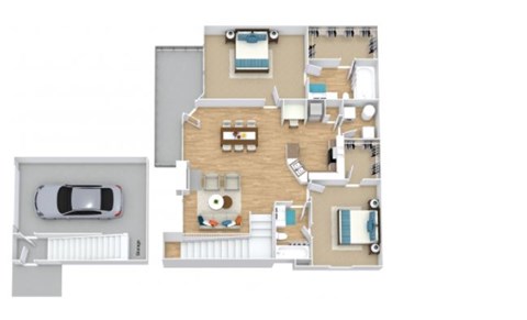 A floor plan of a house with a garage and a car.